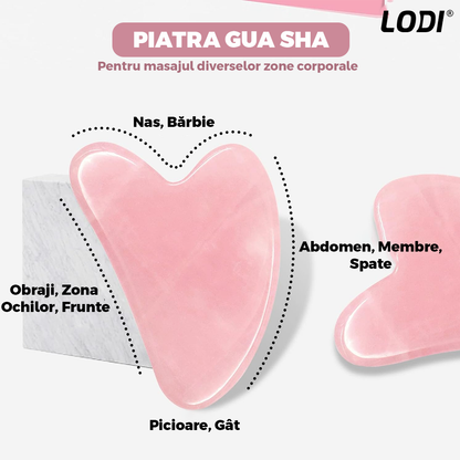 Set 3 Accesorii pentru Masaj Facial Lodi655, cu aparat face roller, piatra gua sha, pensula pentru aplicarea cosmeticelor, rezultate vizibile, piatra naturala  din quartz roz