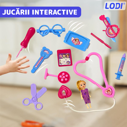 Set Trusa Medicala Asistenta Doctor Lodi482, joc de rol, 13 accesorii si cutie penntru depozitare, mini pacient, 37.5 x 21 cm, albastru