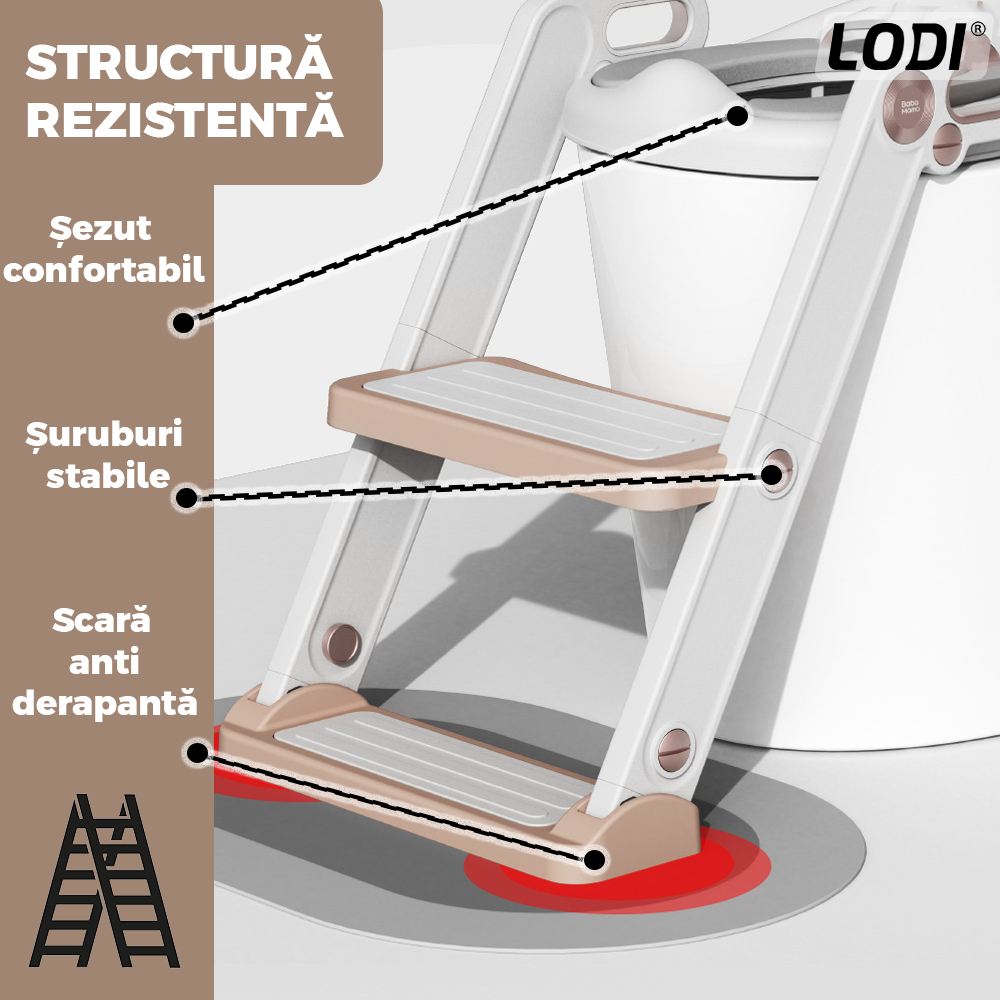 Reductor WC cu Scara Lodi647, antiderapant, pentru copii cu varsta pana la 7 ani, protectie impotriva stropilor, 2 trepte, reglabil pe inaltime, manere de sustinere, alb/rose gold