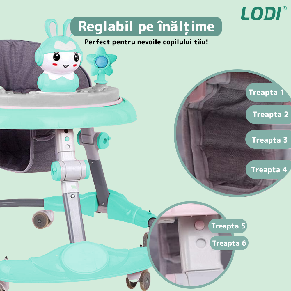 Premergator Multifunctional pentru Bebelusi Lodi638, tava cu 3 jucarii, muzica, reglabil, pliabil, greutate max 20kg, 6-36 luni, verde
