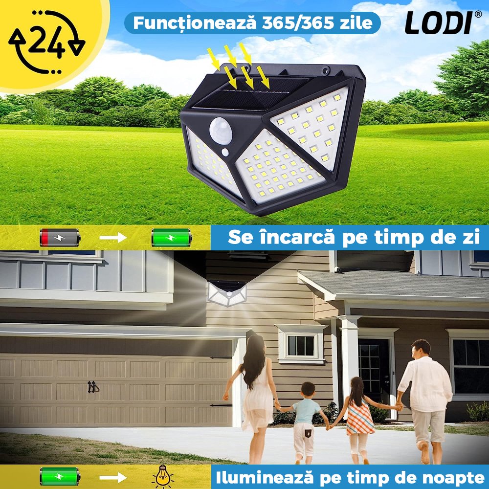 Lampa Solara 100 LED-uri Lodi63, senzor de miscare, 3 moduri de iluminare, protectie IP65, Waterproof, exterior, negru
