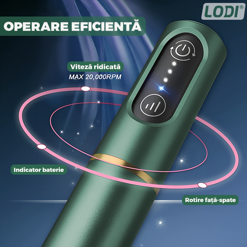 Pila Electrica Profesionala pentru Unghii Lodi1138, freza wireless, 18000 RPM, ecran LED, manichiura-pedichiura, 12 capete pentru pila, 36 benzi de slefurie, portabila, verde