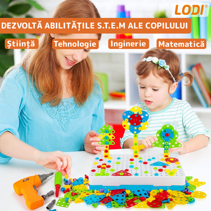 Jucarie Educativa si Interactiva 4in1 Lodi515, 237 piese, bormasina pentru inginerie, pentru fete si baieti, manual inclus, puzzle 3D/2D, montessori, dezvoltare STEM, multicolor