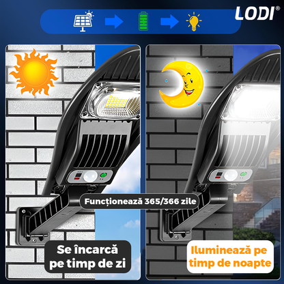 Lampa Solara Stradala 42 LED-uri Lodi867, rotunda, control prin telecomanda, senzor de miscare, 3 moduri de iluminare, protectie IP65, Waterproof, exterior, negru