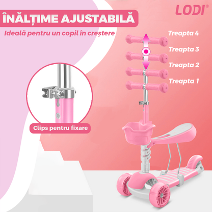 Trotineta pentru Copii 2 in 1 Lodi1113, scaunel incorporat, lumini,3 roti, cosulet frontal, anti-aluncare, inaltime ajustabila, stabila, frana, incorporata, 3-11 ani, roz