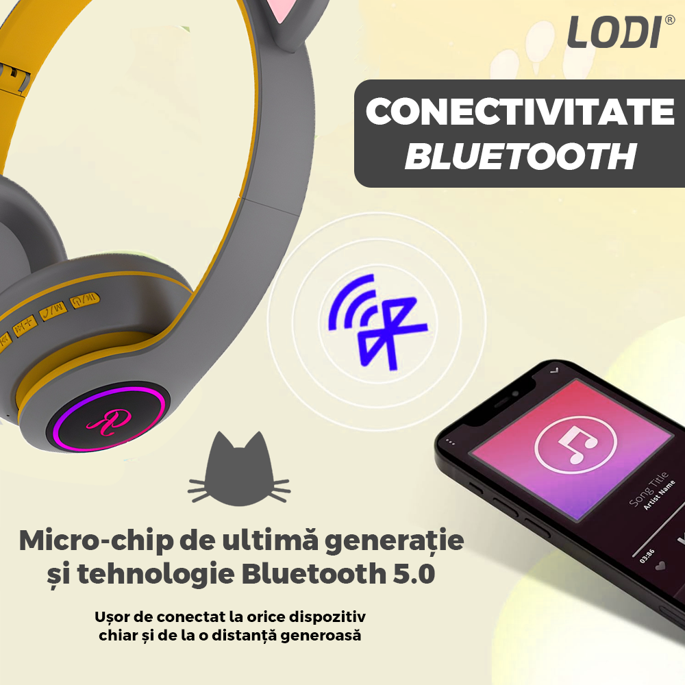 Casti Wireless Model Pisica Lodi950, overear, urechi de pisica cu iluminare RGB, bluetooth 5.0, handsfree, HiFi, bass stereo, gri/galben