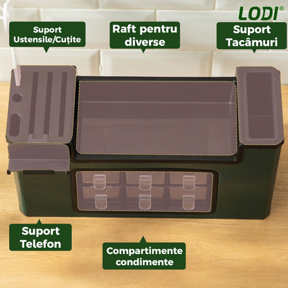 Organizator Multifunctional pentru Bucatarie Lodi533, 6 Compartimente, raft condimente, suport detasabil telefon,  tavita de scurgere, suport tacamuri/ustensile, verde