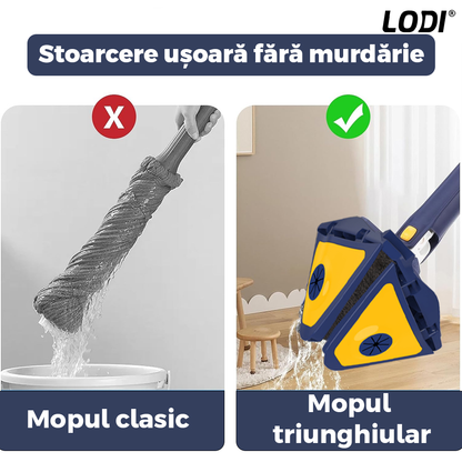 Mop cu Cap Triunghiular Lodi550, rotire 360 grade, telescopic, curatare usoara, 4 lavete incluse, 127 cm, albastru/galben deschis