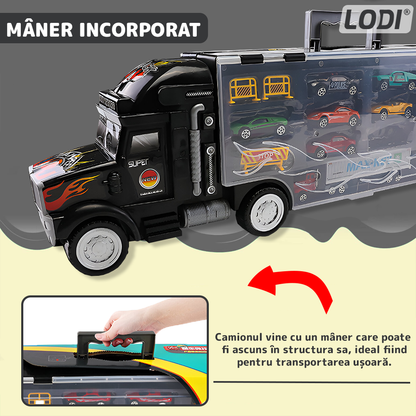 Set Camion Trailer de Jucarie pentru Transport Lodi1167, pentru masinute de curse, 9 masinute incluse, semne de circulatie, accesorii mobile, plastic si metal, scara 1:22, negru