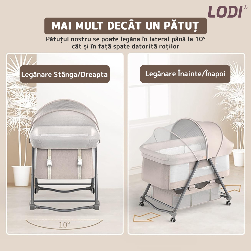 Patut Pliabil pentru Bebelusi Lodi309, 3 trepte de inclinare, sistem de blocare, plasa anti-insecte, cos depozitare, crem