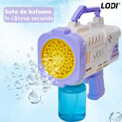Pistol de Facut Baloane Bubble Gun Lodi67, tip Bazooka, automat, rezerva incluse, alimentare cu baterii, alb/mov