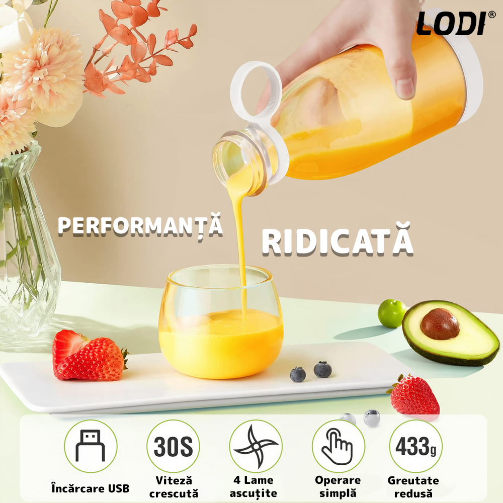 Mini Blender Electric Lodi, forma de sticla, portabil, compact, multifunctional, autocuratare, autonomie ridicata, smoothie/milkshake, capacitate 420 ml, 40W