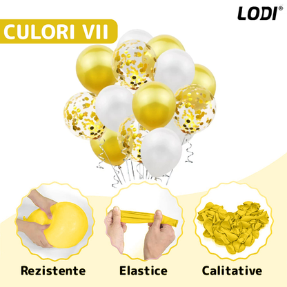 Set 105 Baloane Lodi1489, Tip Arcada, pentru Petreceri/Aniversari/Evenimente, diverse modele, umplute cu confetti, latex, alb/auriu