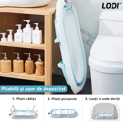 Cadita cu Pernuta pentru Bebelusi Lodi1316, casca de protectie inclusa, termometru digital incorporat, pliabila, dop de scurgere, picioare anti-alunecare, design ergonomic, 75 x 45 x 22 cm, albastru