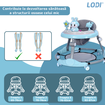 Premergator Multifunctional pentru Bebelusi Lodi30, tava cu 3 jucarii, muzica, reglabil, pliabil, greutate max 20kg, 6-36 luni, albastru