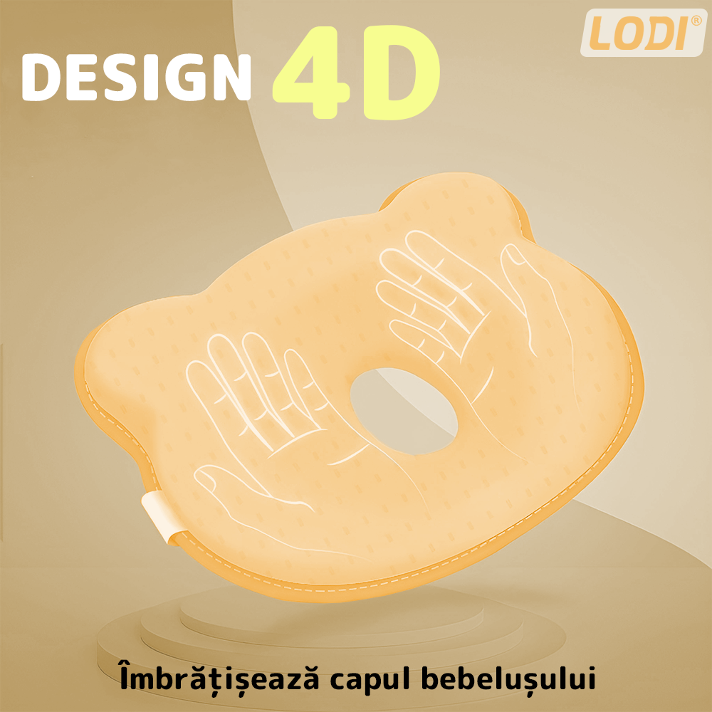 Perna pentru Bebelusi Lodi1201, model ursulet, husa de protectie inclusa, spuma cu memorie, anti-plagiocefalie, pentru formarea capului, 26x22 cm, galben