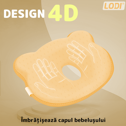 Perna pentru Bebelusi Lodi1201, model ursulet, husa de protectie inclusa, spuma cu memorie, anti-plagiocefalie, pentru formarea capului, 26x22 cm, galben
