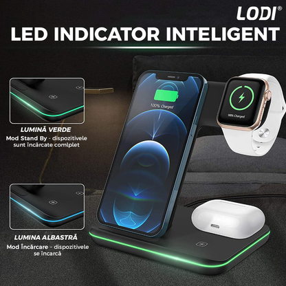 Incarcator Wireless Lodi9, Statie de Incarcare 3in1, LED indicator inteligent, Fast Charge, incarcare rapida, compatibilitate universala, negru