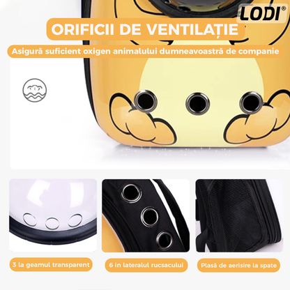 Rucsac Transport Animale Lodi28, greutate Max 7kg, hublou transparent, buzunar lateral, accesorii incluse, pentru talie mica, Urs, maro