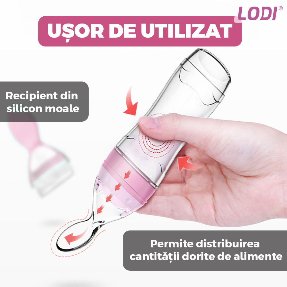 Lingurita de Silicon cu Rezervor Lodi544, polipropilena, fara BPA, termorezistenta, portabila, recipient gradat, 20.3 cm, roz