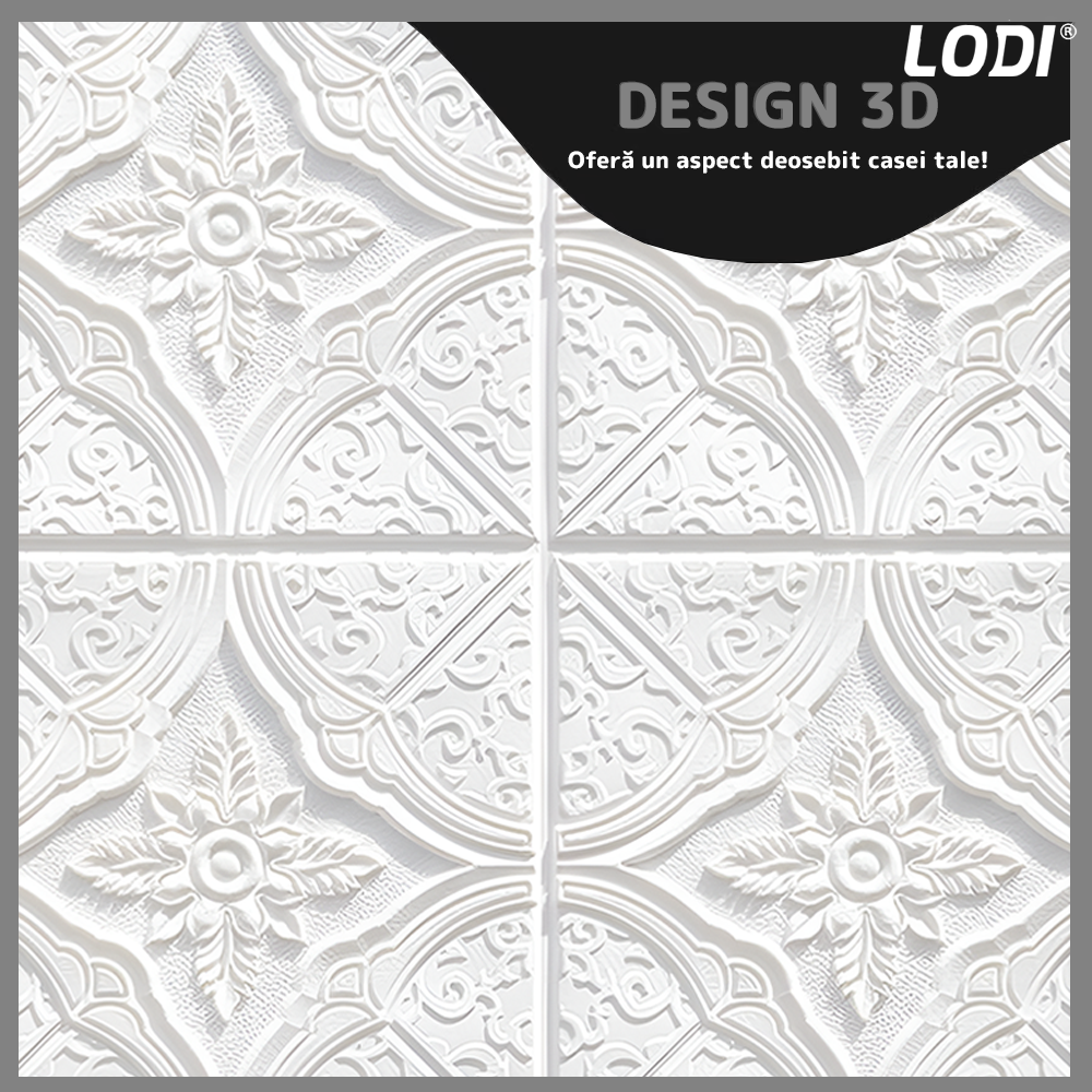 Set 10x Tapet 3D Lodi810, suprafata acoperire 4.9 mp, autoadeziv, Model Floral Diamant, perete/tavan, waterproof, usor de montat, design modern, 70x70 cm, alb