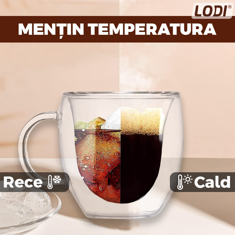 Set4 Cani de Sticla cu Perete Dublu Lodi1001, model inimioara, 4 farfurii suport, design modern, termorezistente, capacitate 250 ml, 9 x 8 cm