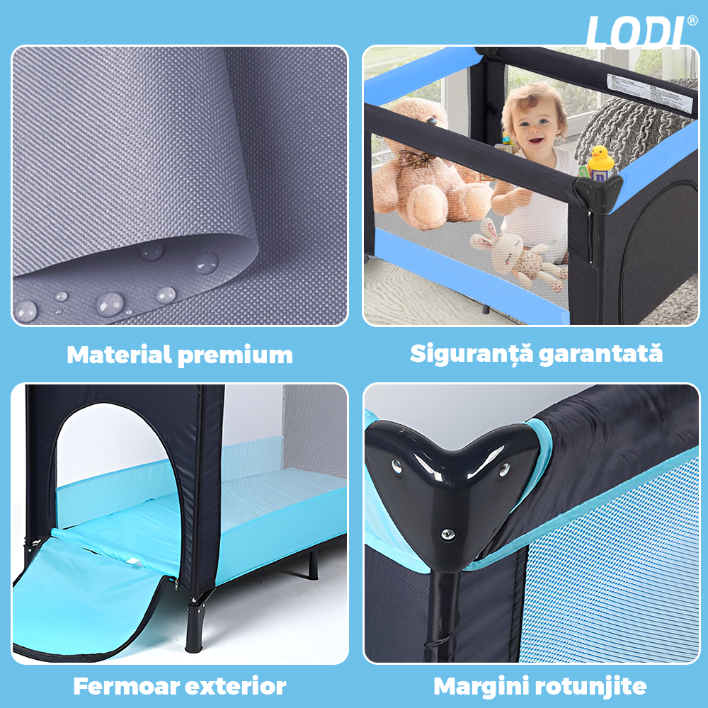Patut Turistic Pliabil pentru Copii Lodi982, usa cu fermoar exterior, plasa de protectie tantari, materiale calitative, usor de montat, geanta de depozitare, dimensiuni 125x78x65, albastru