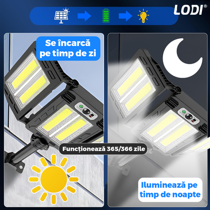 Lampa Solara Stradala 6 LED-uri Lodi874, 3 capete, control prin telecomanda, senzor de miscare, 3 moduri de iluminare, protectie IP65, Waterproof, exterior, negru