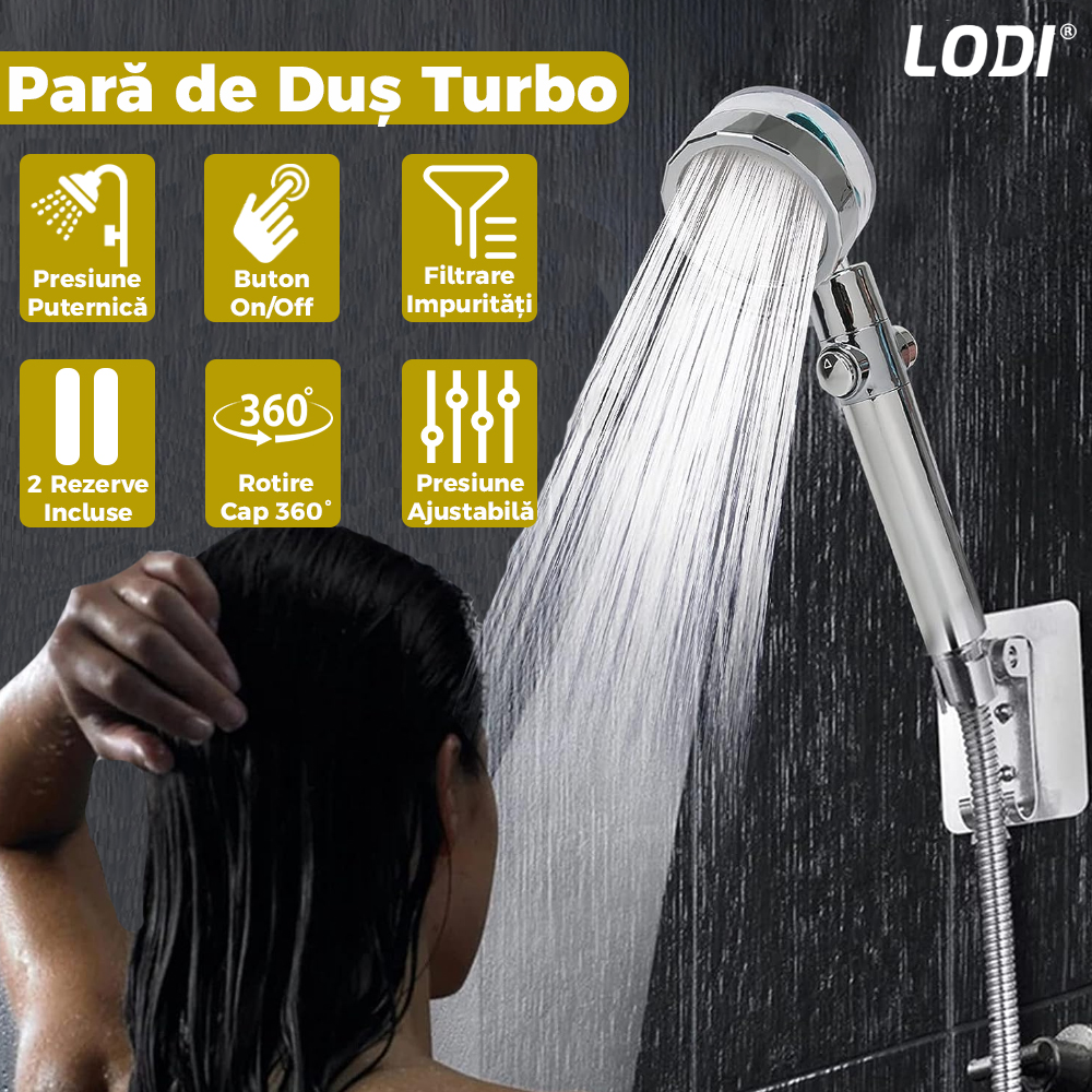 Para de Dus Turbo Lodi198, 2 filtre extra, buton On/Off, presiune ajustabila, filtrare apa, jet uniform, cap Rotativ 360°, auriu