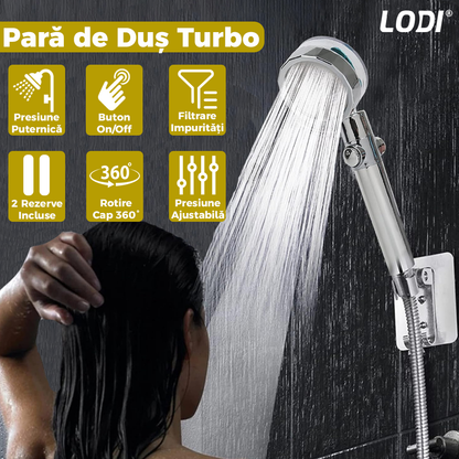 Para de Dus Turbo Lodi198, 2 filtre extra, buton On/Off, presiune ajustabila, filtrare apa, jet uniform, cap Rotativ 360°, auriu
