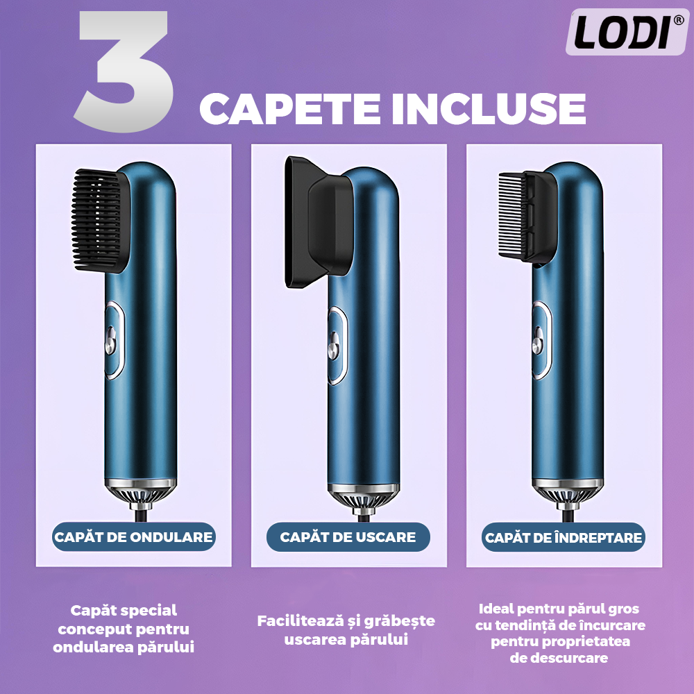 Uscator Profesional de Par 3 in 1 Lodi1085, aparat multifunctional coafare si uscare, 3 accesorii incluse, 1200W, albastru