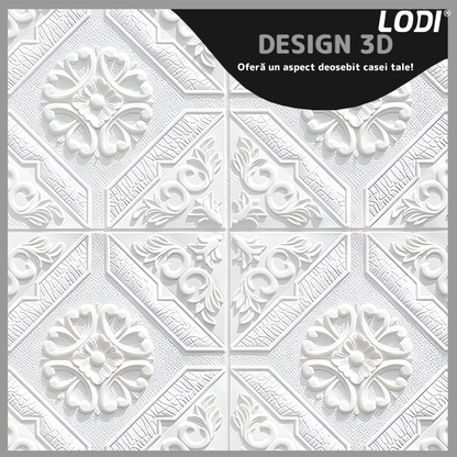 Set 10x Tapet 3D Lodi774, suprafata acoperire 4.9 mp, autoadeziv, Model Floral Carou, perete/tavan, waterproof, usor de montat, design modern, 70x70 cm, alb