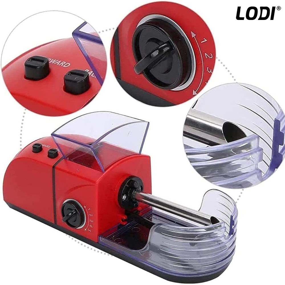 Aparat Electric de Facut Tigari Lodi280, injector tutun, 5 niveluri de maruntire, ergonomic, dimensiune standard, accesorii incluse, rosu