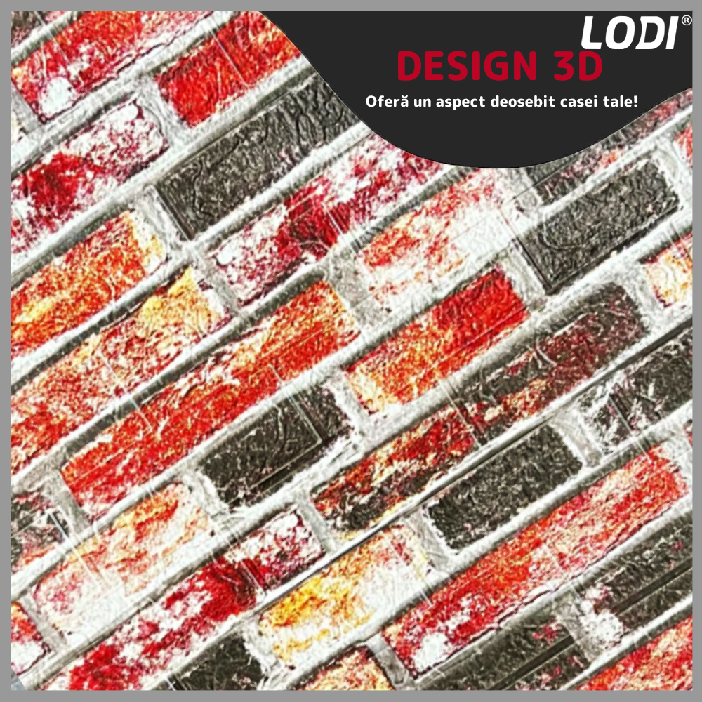 Set Tapet Caramida 3D Lodi235, Model Caramizi, suprafata acoperire 5.3 mp, autoadeziv, waterproof, usor de montat, design modern, 70x77 cm, negru/rosu