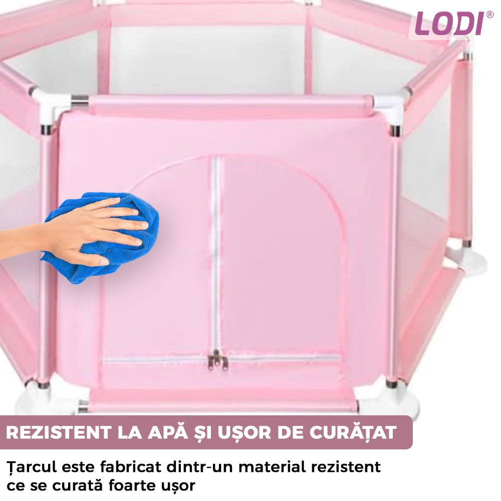 Tarc pentru Copii Lodi297, usa cu fermoar exterior, plasa, materiale calitative, usor de montat, dimensiuni 125x110x65, roz