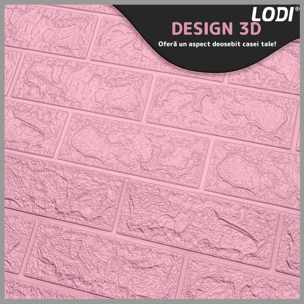 Set Tapet Caramida 3D Lodi53, suprafata acoperire 5.3 mp, autoadeziv, waterproof, usor de montat, design modern, 70x77 cm, roz