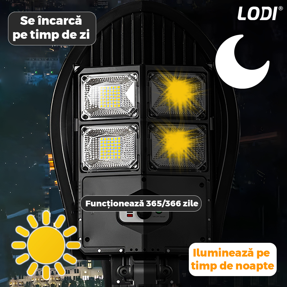 Lampa Solara Stradala 168 LED-uri Lodi871, rotunda, control prin telecomanda, senzor de miscare, 3 moduri de iluminare, protectie IP65, Waterproof, exterior, negru