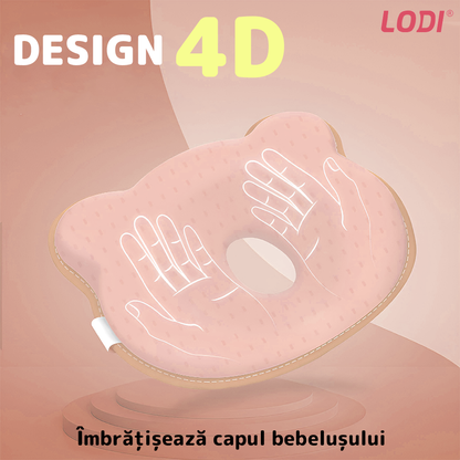 Perna pentru Bebelusi Lodi992, model ursulet, husa de protectie inclusa, spuma cu memorie, anti-plagiocefalie, pentru formarea capului, 26x22 cm,roz
