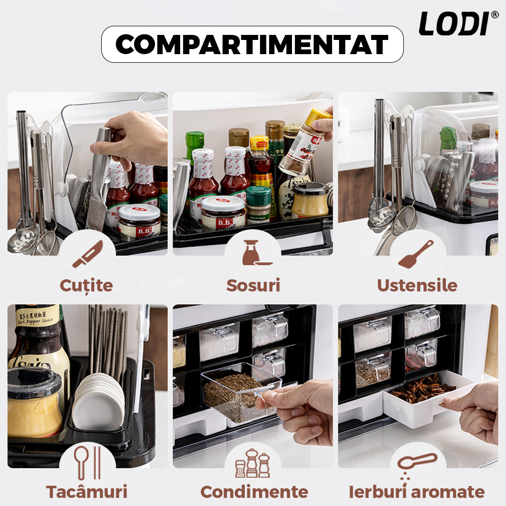 Organizator Multifunctional pentru Bucatarie Lodi483,  suport sticle, rafturi pentru condimente, cuier pentru ustensile, suport cutite, 46 x 26 x 43 cm, alb