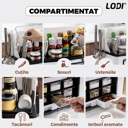 Organizator Multifunctional pentru Bucatarie Lodi483,  suport sticle, rafturi pentru condimente, cuier pentru ustensile, suport cutite, 46 x 26 x 43 cm, alb