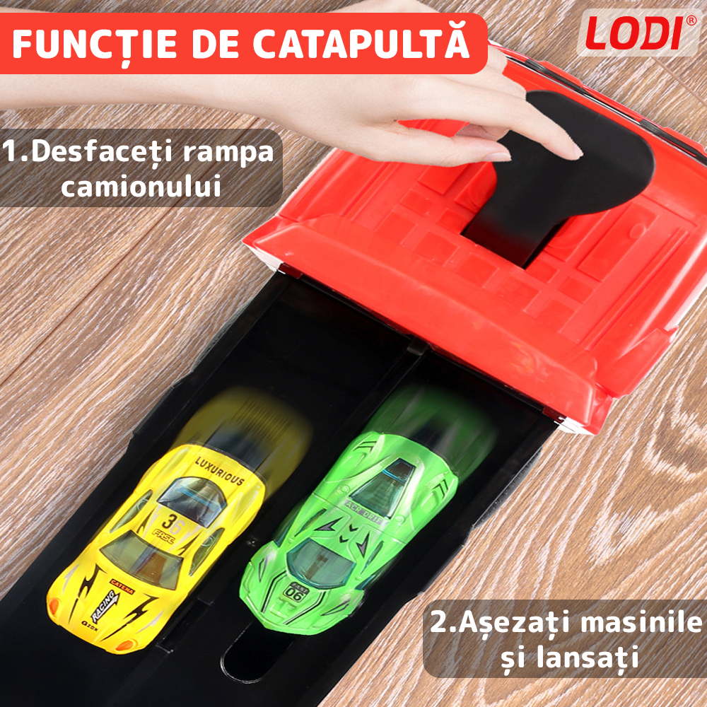 Set Camion Trailer de Jucarie pentru Transport Masinute de Curse Lodi530, tir si 8 masini, catapultare vehicule, platforma si pista de curse, prelungire 2.07 m, rosu
