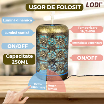 Difuzor Aromaterapie Lodi605, din metal, design vintage, 7 culori LED, 2 jocuri de lumini, capacitate 250ml, silentios, umidifica aerul, bronz