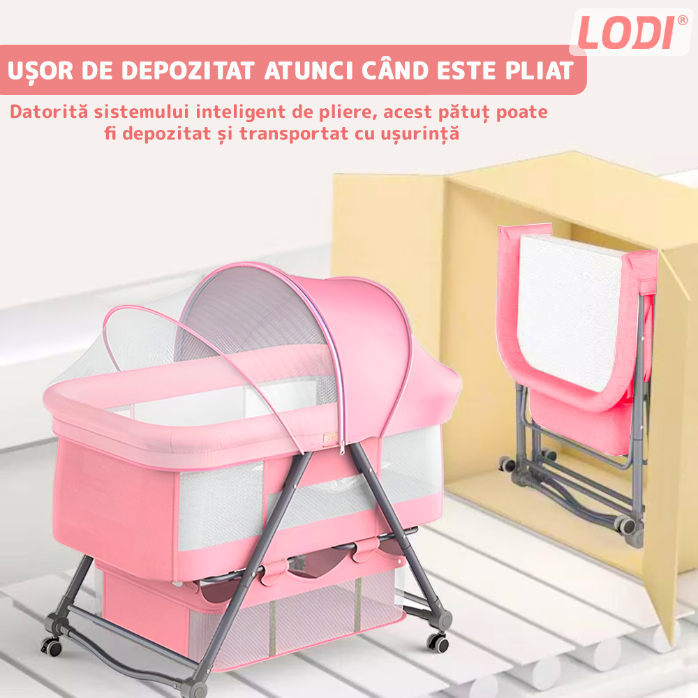 Patut Pliabil pentru Bebelusi Lodi1134, 3 trepte de inclinare, sistem de blocare, plasa anti-insecte, cos depozitare, roz deschis