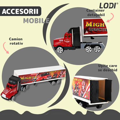 Set Camion Trailer de Jucarie pentru Transport Lodi1167, pentru masinute de curse, 9 masinute incluse, semne de circulatie, accesorii mobile, plastic si metal, scara 1:22, negru