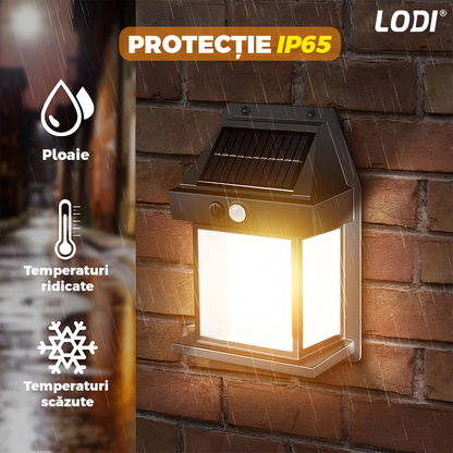 Lampa Solara de Perete LED Tip Felinar Lodi1248, senzor de miscare 5-8 metri, fara fir, 3 moduri de iluminare, protectie IP65, Waterproof, exterior, negru
