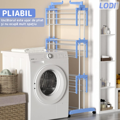 Uscator Vertical pentru Rufe si Haine Lodi290, 3 niveluri, mobil, pliabil, pentru spatii mici, suport umerase, cadru rezistent, inaltime 175cm, albastru