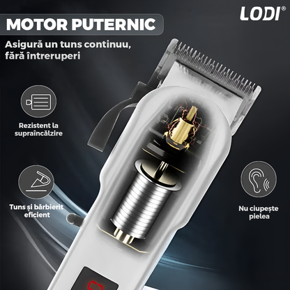 Aparat de tuns barba Lodi979, afisaj digital, 4 piepteni inclusi, incarcare la retea, lame ascutite, usor de curatat, trimmer profesional, alb