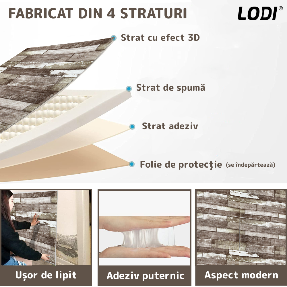 Set 10x Tapet Caramida 3D Lodi1087, Model Lemn, suprafata acoperire 5.3. mp, autoadeziv, waterproof, usor de montat, design modern, 70x77 cm, maro inchis