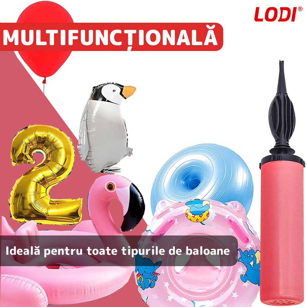 Pompa Manuala Pentru Umflat Baloane cu Dublu Sens Lodi371, multifunctionala, materiale calitative, umflare rapida, rosu/negru, 28 cm