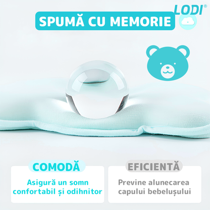 Perna pentru Bebelusi Lodi991, model ursulet, husa de protectie inclusa, spuma cu memorie, anti-plagiocefalie, pentru formarea capului, 26x22 cm, turcoaz